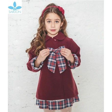 Sardon Winter Baby Girl Wine Coat with Suqared Tie
